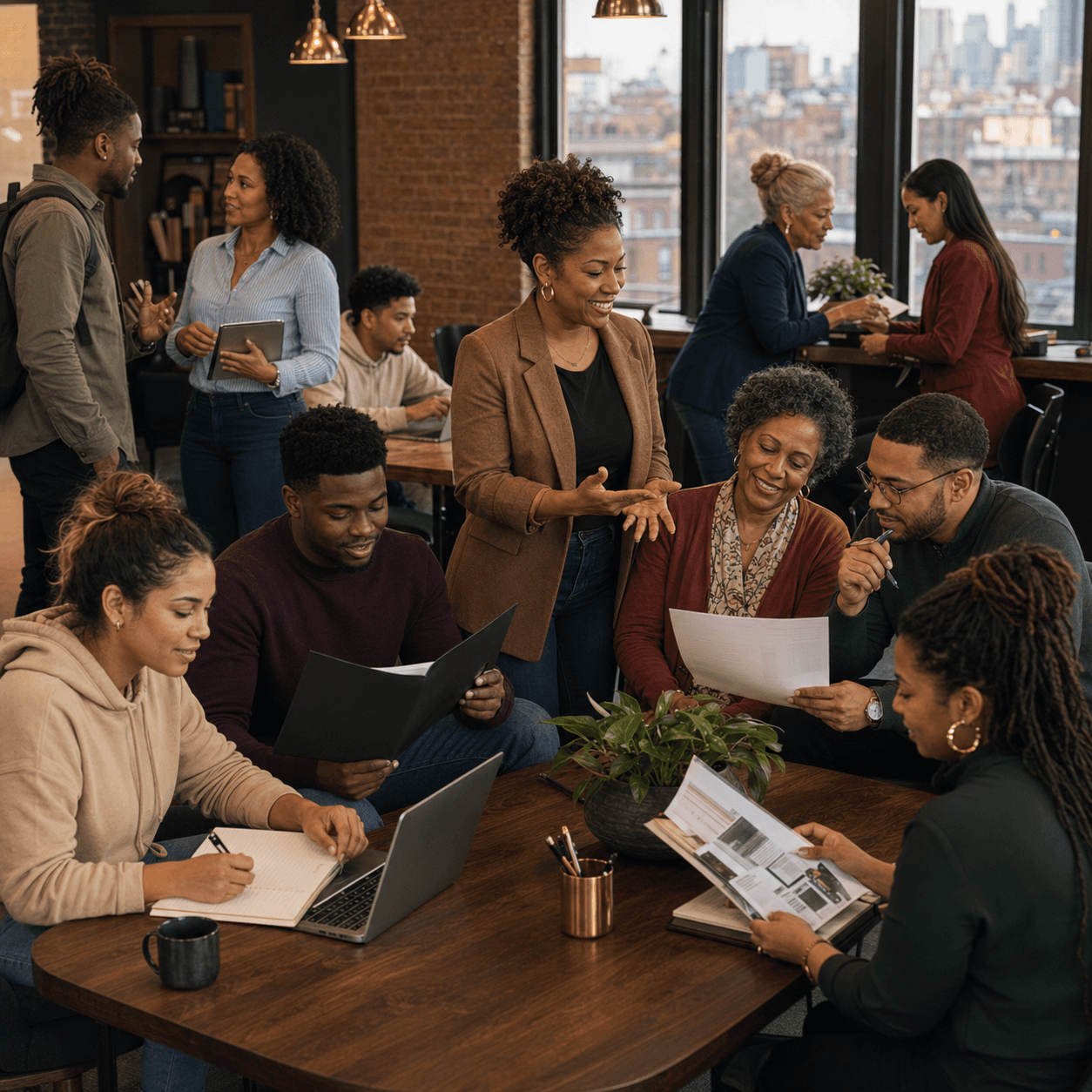 Diverse professionals collaborating and reviewing documents in a modern office with large city windows.