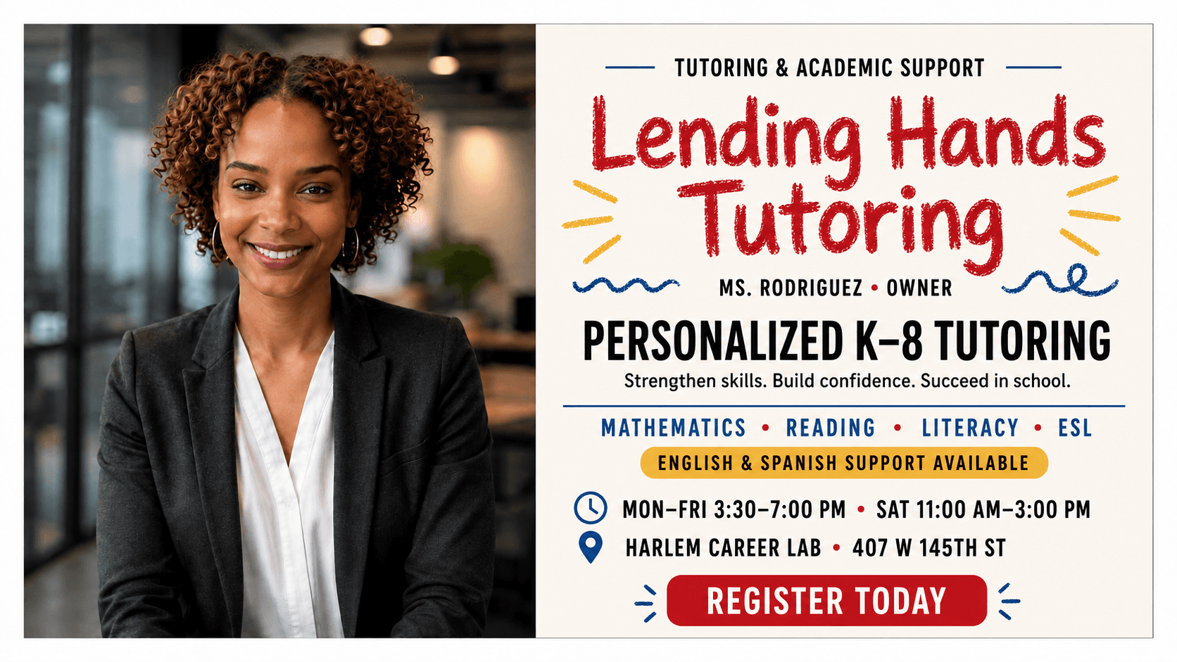Lending Hands Tutoring flyer featuring Ms. Rodriguez, offering personalized K-8 academic support and bilingual services.