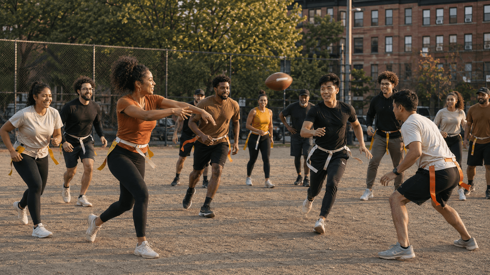 Diverse young adults playing flag football on a dirt field in an urban park.