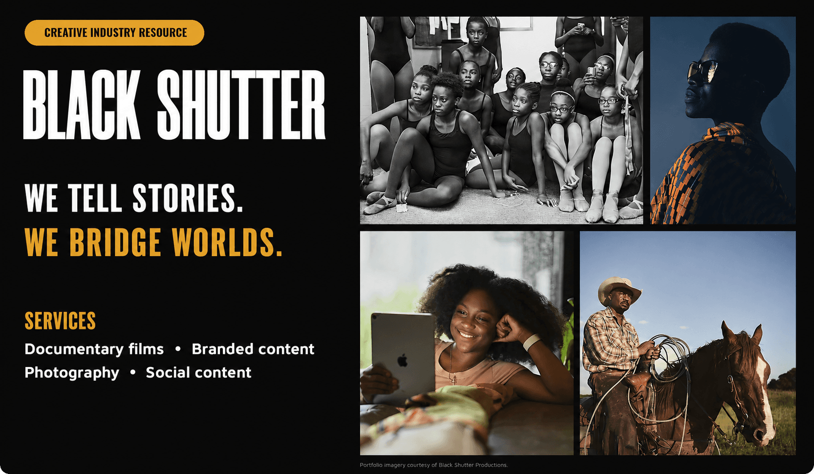 Black Shutter promotional graphic featuring diverse photography of Black people and creative media services.