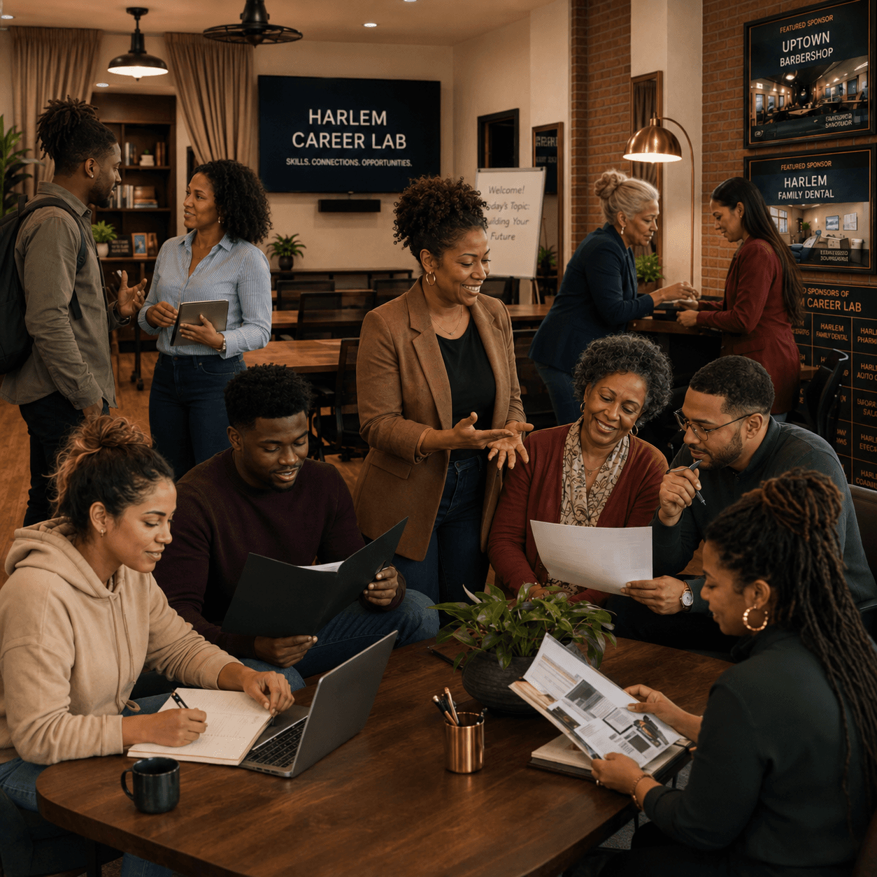 Diverse professionals collaborating, networking, and reviewing documents at the Harlem Career Lab workspace.