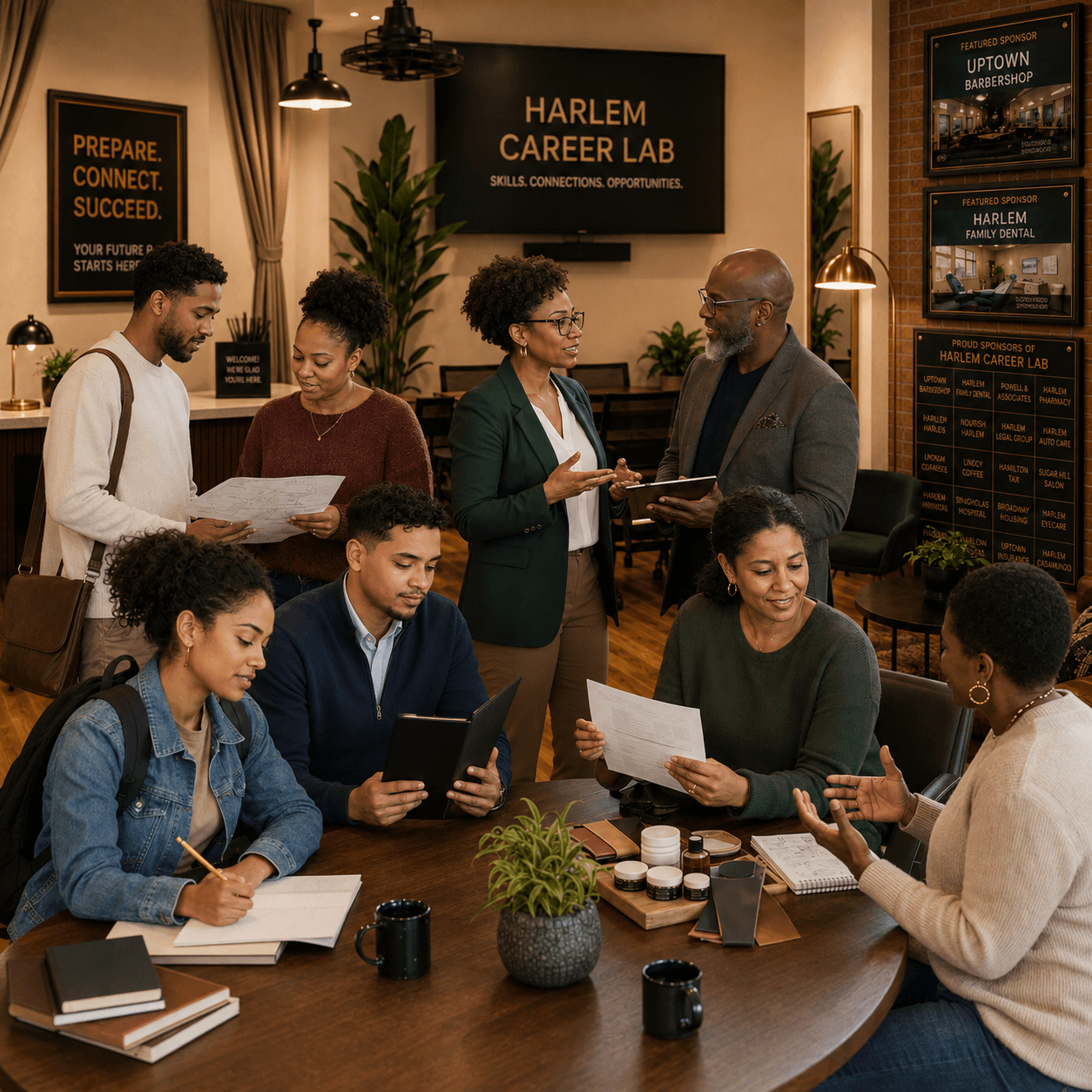 Diverse professionals and students collaborating and discussing projects at the Harlem Career Lab.