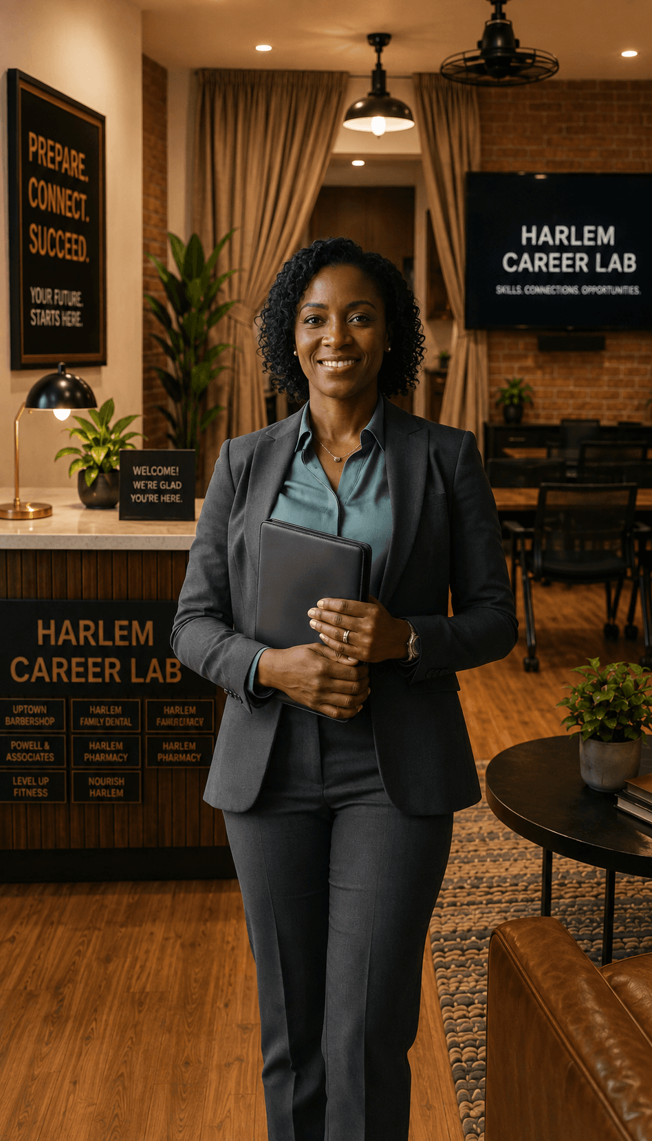 Smiling professional woman in a grey suit holding a portfolio at Harlem Career Lab.