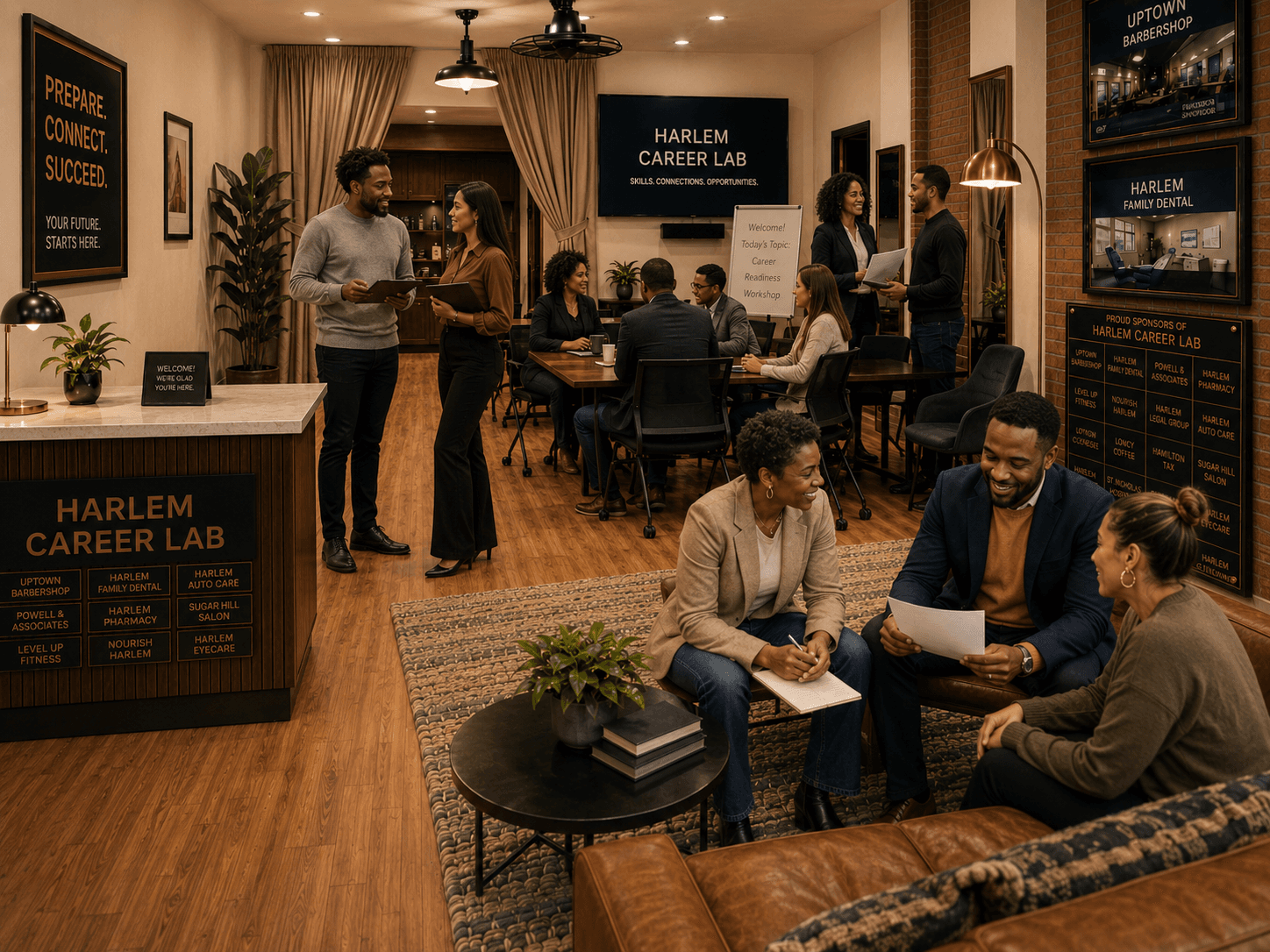 Diverse professionals networking in the warm, modern interior of the Harlem Career Lab community space.
