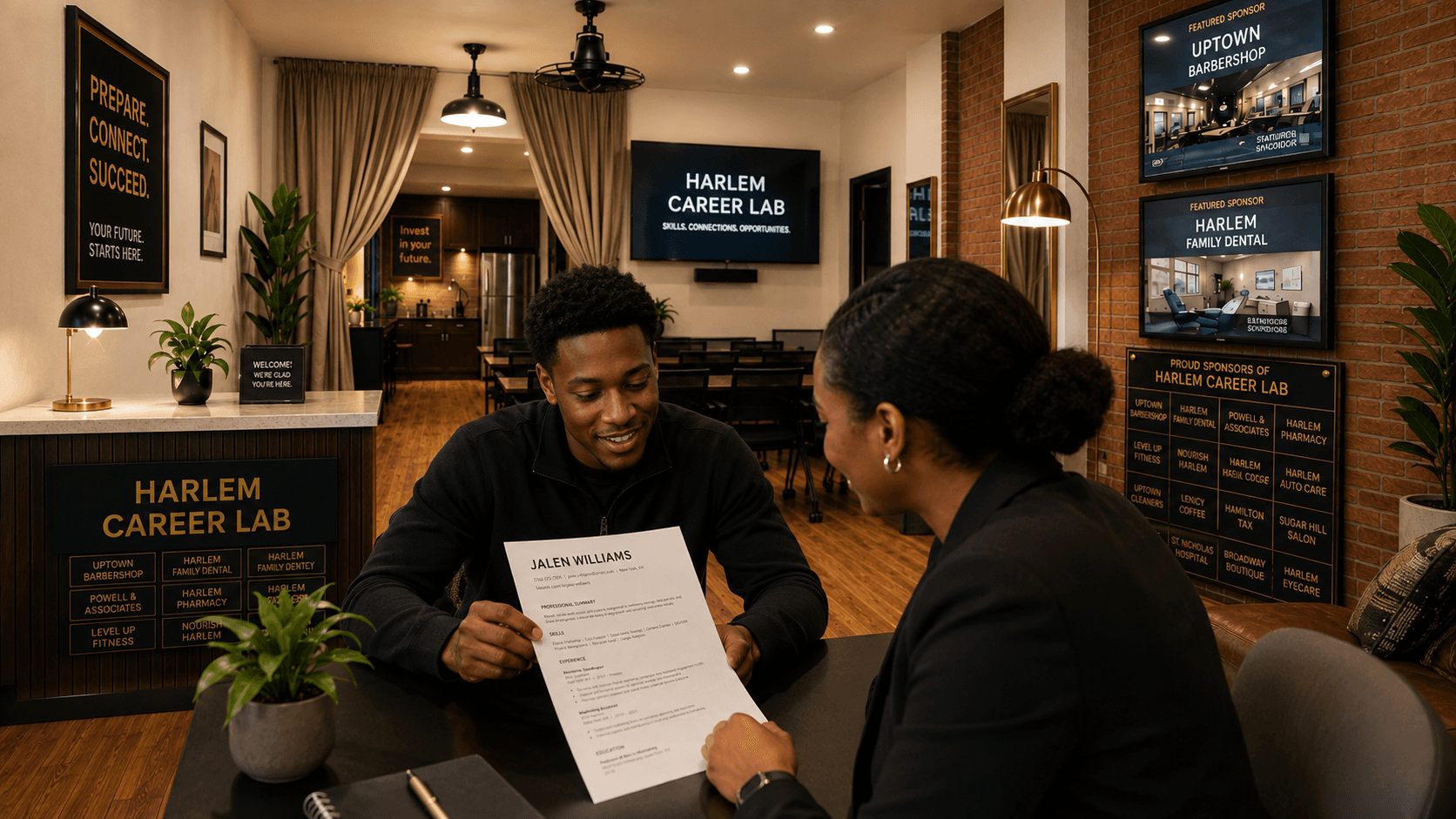 A man and woman review a resume together at the Harlem Career Lab office.