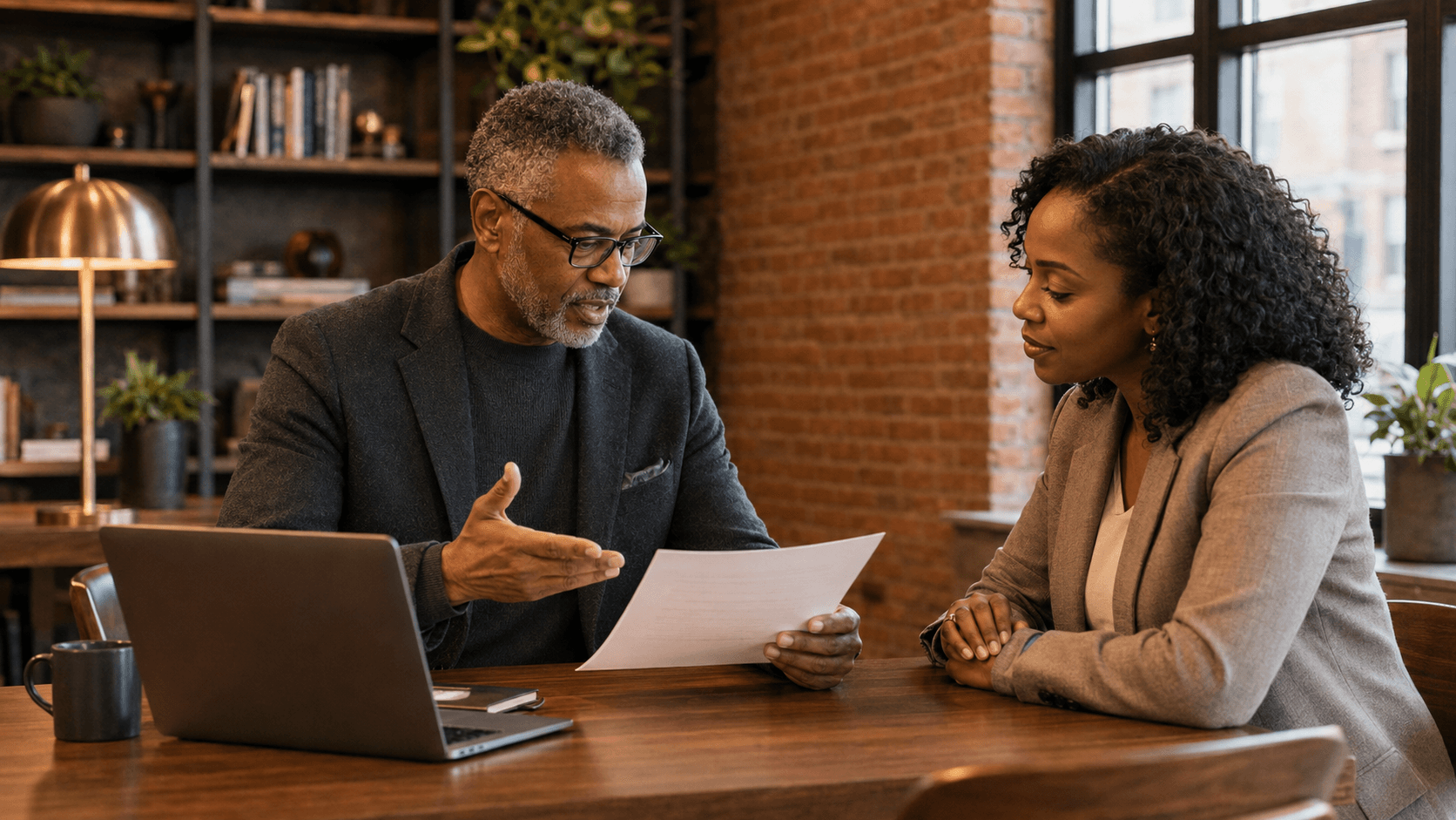 Senior Black man explains a document to a younger Black woman in a professional office.