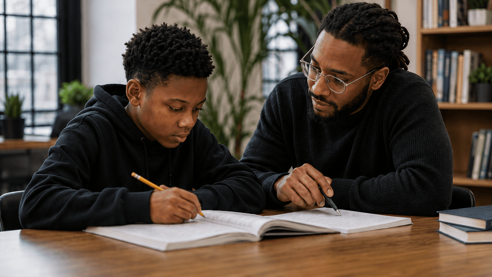 A Black man with dreadlocks helps a young boy study at a wooden desk.