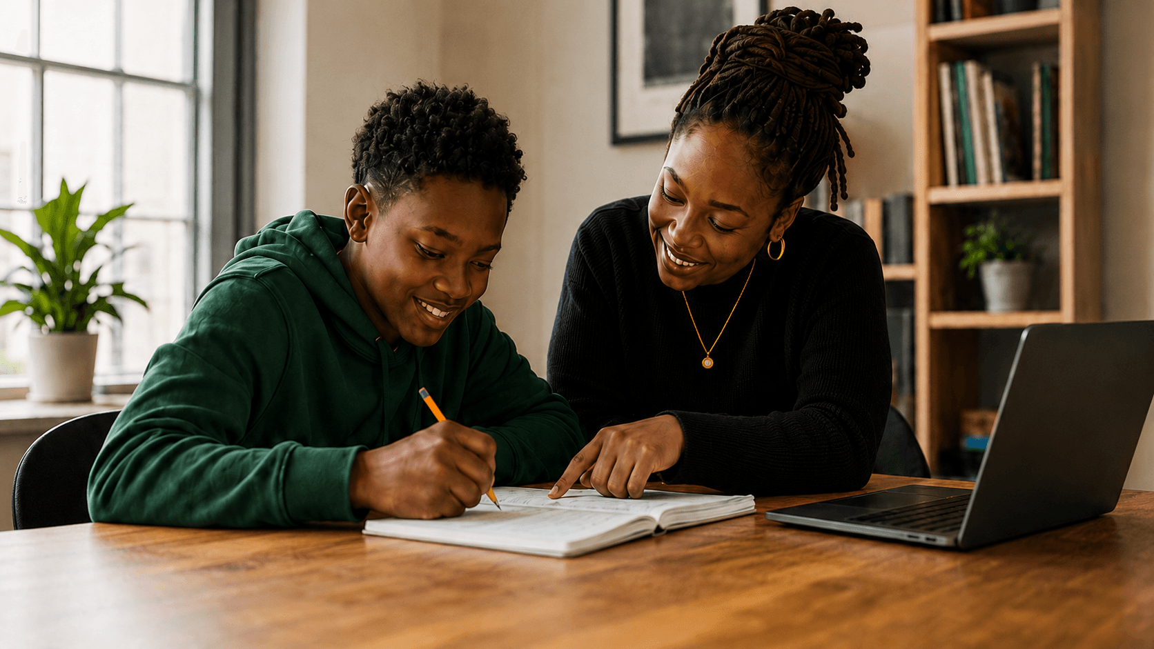 A smiling Black woman helps a young Black boy with schoolwork at a desk.