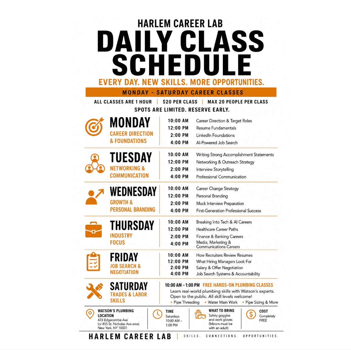 Harlem Career Lab flyer detailing daily career development workshops and Saturday plumbing classes.