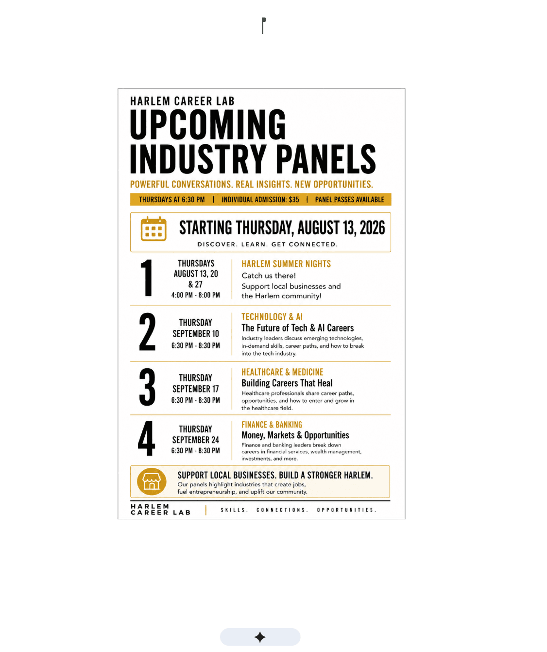 Harlem Career Lab flyer advertising industry panels on technology, healthcare, finance, and local business.