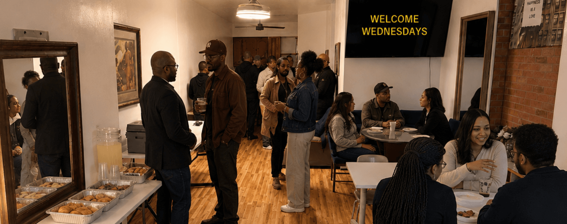 Diverse group of people socializing at a Welcome Wednesdays event with food and drinks.