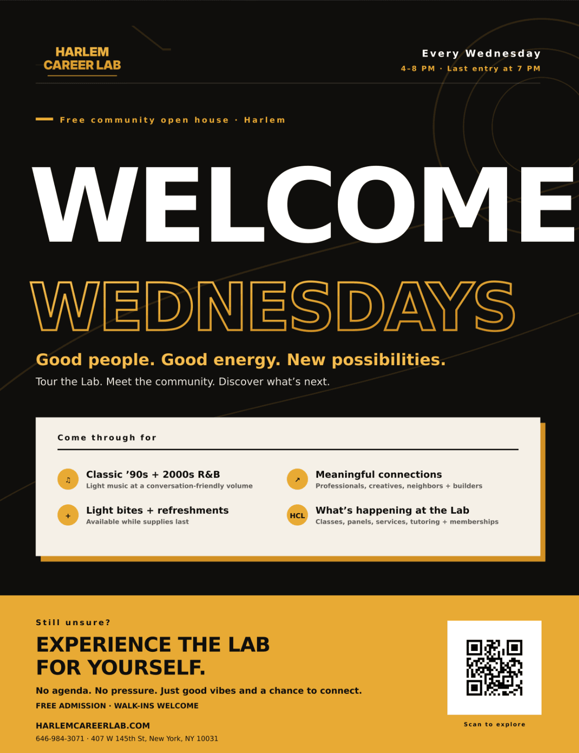 Harlem Career Lab flyer for Welcome Wednesdays open house featuring networking, music, and refreshments.