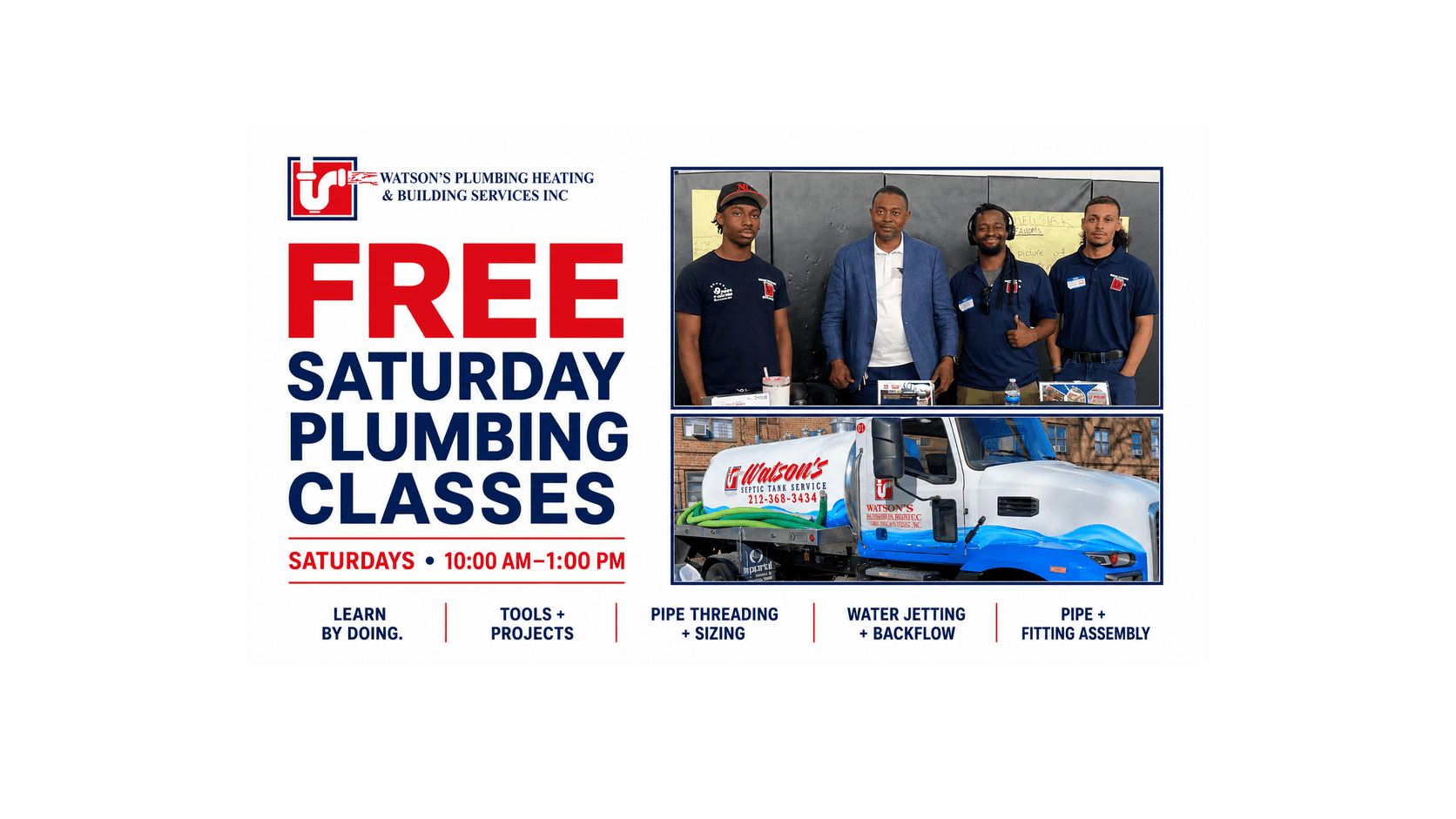 Flyer for free Saturday plumbing classes by Watson's Plumbing, featuring staff and a service truck.