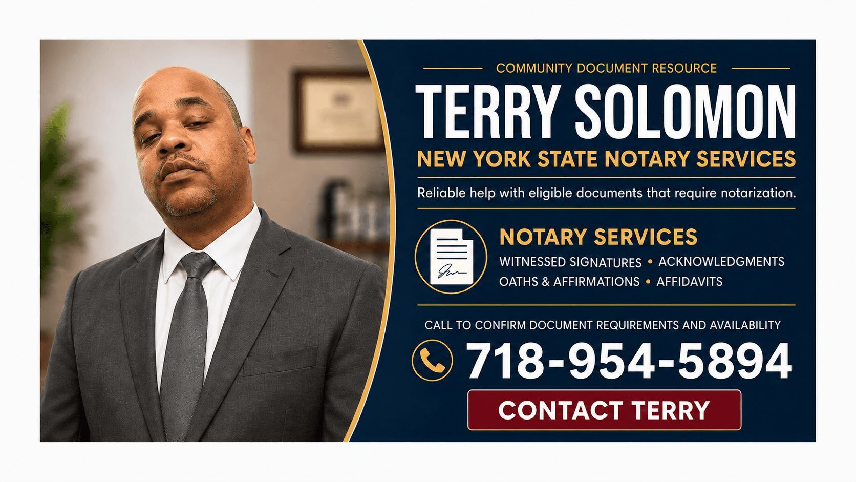 Terry Solomon's New York State Notary Services advertisement featuring his portrait and contact phone number.