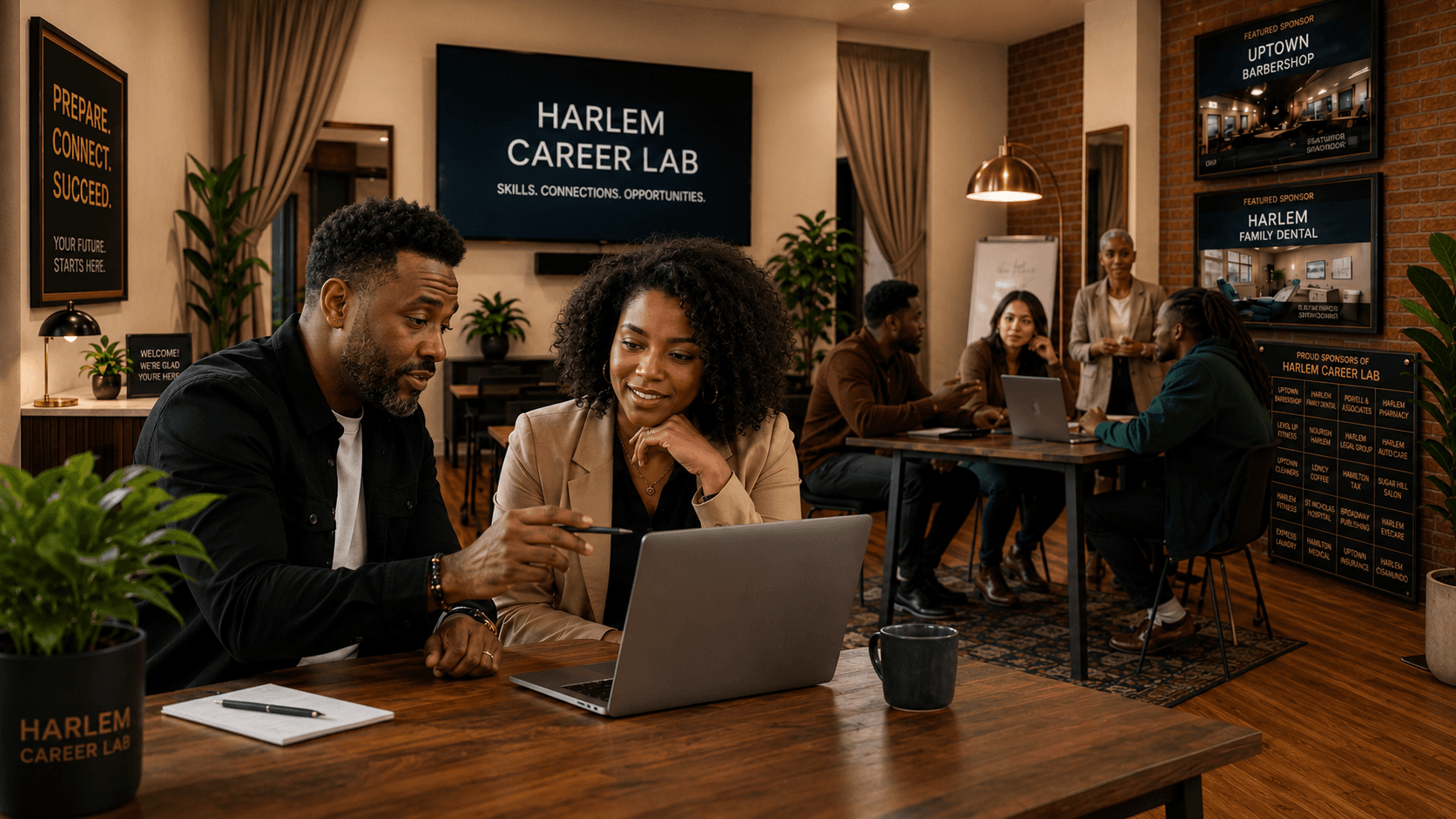 Two people collaborate on a laptop at the Harlem Career Lab in a modern office.