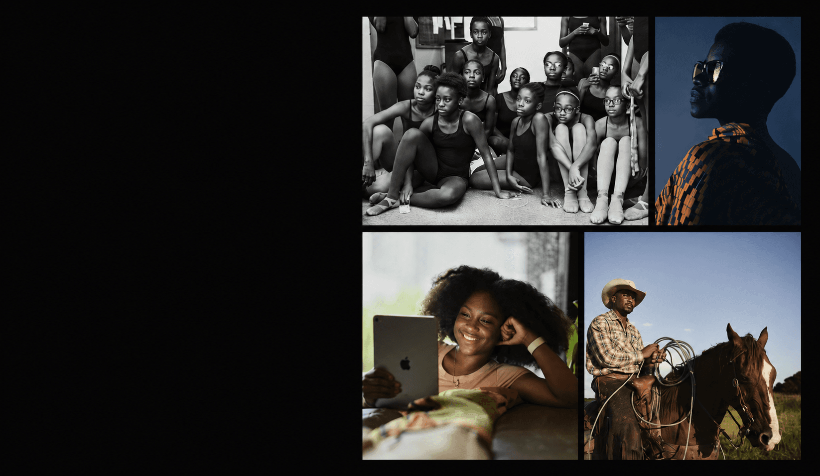 Collage of Black people: young dancers, person in sunglasses, woman with tablet, and cowboy.