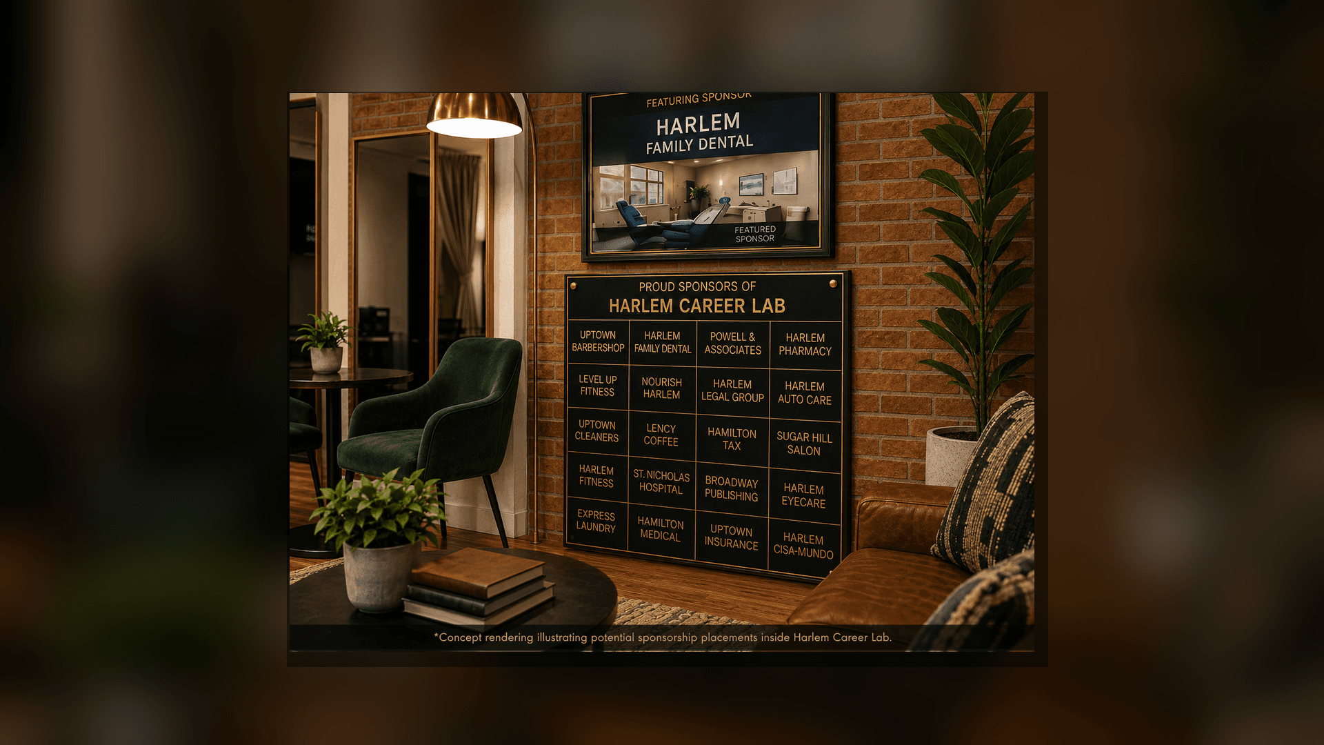 Interior featuring a brick wall with digital and plaque sponsorship displays for Harlem Career Lab.